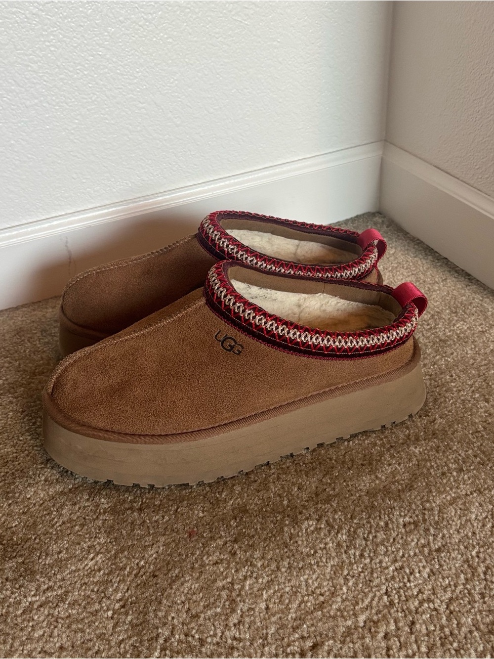 UGG Women's Chestnut Suede Slip-On Clogs with Red Trim